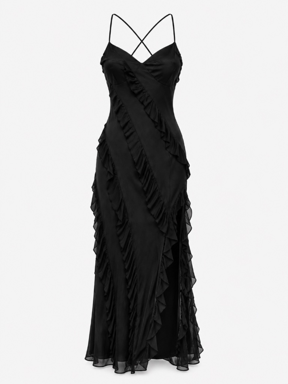 NWOT - Asymmetrical - Mesh Ruffle - Maxi Dress - Black-  Size S